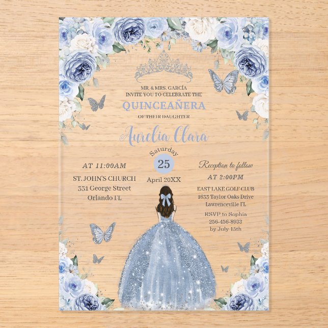 Baby Blue White Floral Princess Quinceañera XV 16 Acrylic Invitations (Front)