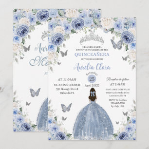 Baby Blue White Floral Princess Quinceañera XV 16 Invitation