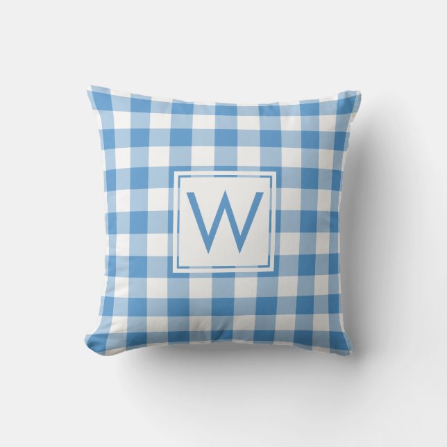 Baby Blue White Gingham Pattern, Custom Monogram Cushion (Front)