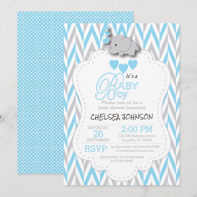 Baby Blue, White Grey Elephant Baby Shower 2 Invitation (Front/Back)