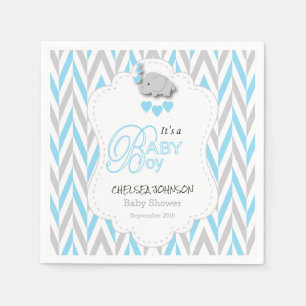Baby Blue, White Grey Elephant Baby Shower 2 Napkin