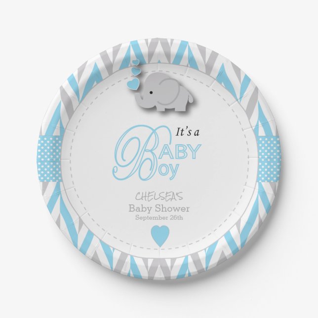 Baby Blue, White Grey Elephant Baby Shower 2 Paper Plate (Front)
