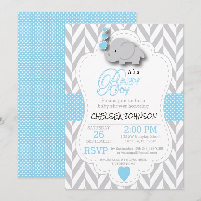 Baby Blue, White Grey Elephant 🐘 Baby Shower Invitation (Front/Back)