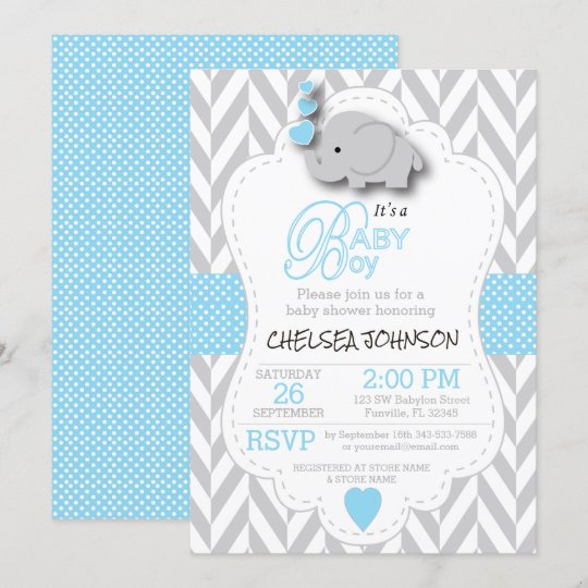 Baby Blue White Grey Elephant Baby Shower Invitation Zazzle Co Uk