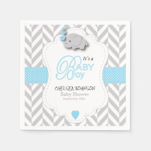 Baby Blue, White Grey Elephant Baby Shower Napkin