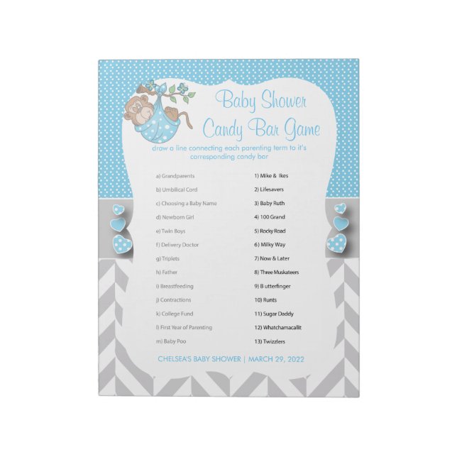 Baby Blue, White & Grey Monkey Baby Shower -Game 2 Notepad (Rotated)