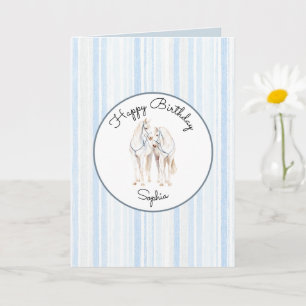 Baby Blue White Horses Stripes Birthday Card