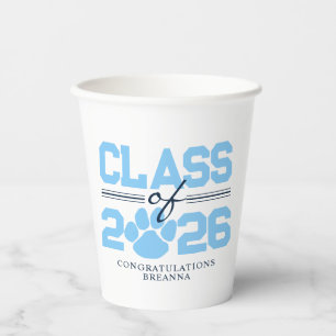 Baby Blue & White Pawprint Class of Graduation Paper Cups
