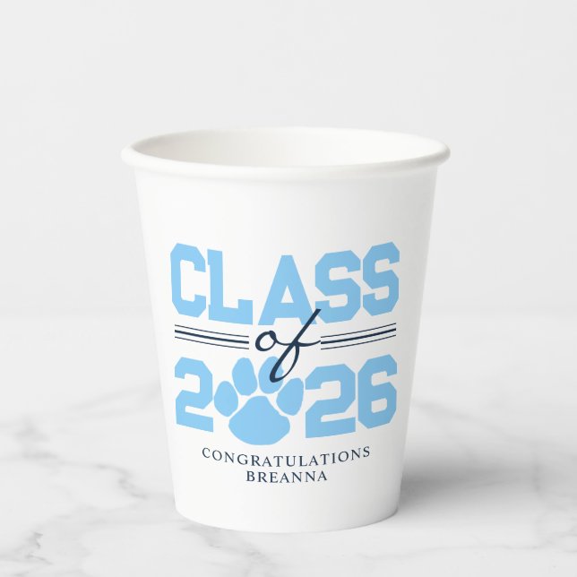 Baby Blue & White Pawprint Class of Graduation Paper Cups (Front)