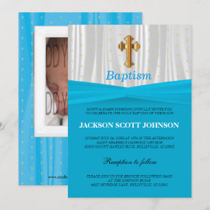 Baby Blue & White Satin Baptism / Christening Invitation
