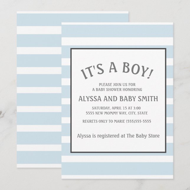 Baby Blue White Striped Baby Boy Shower Invitation (Front/Back)