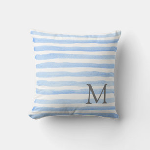 Baby Blue & White Stripes  Monogram Throw Pillow
