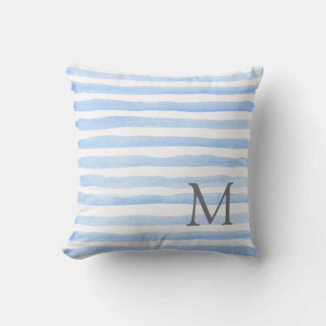 Baby Blue & White Stripes  Monogram Throw Pillow (Front)