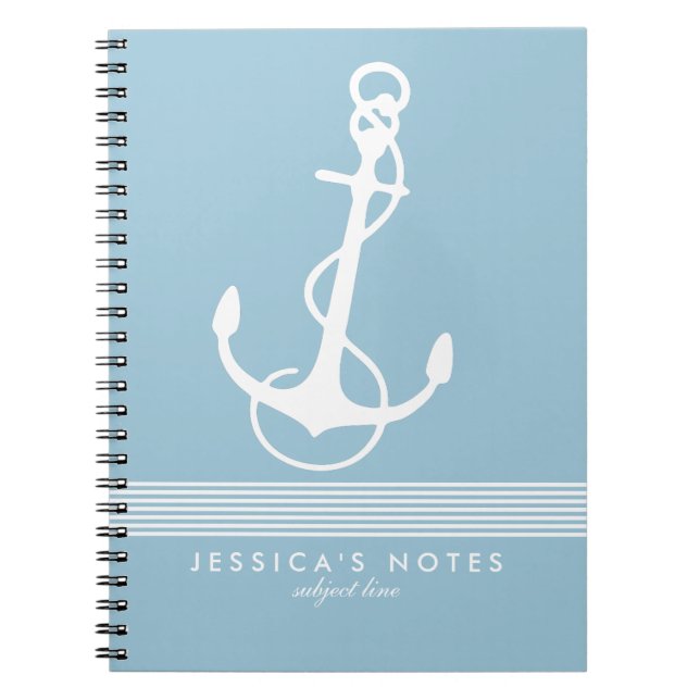 Baby Blue & White Stripes Nautical Boat Anchor 2 Notebook (Front)