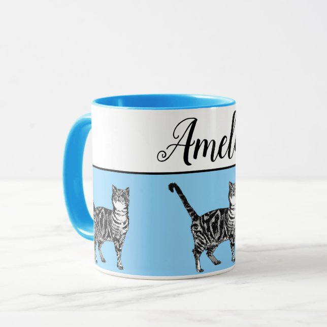 Baby Blue White Tabby cat Cats Whimsical Art Mug (Front Left)