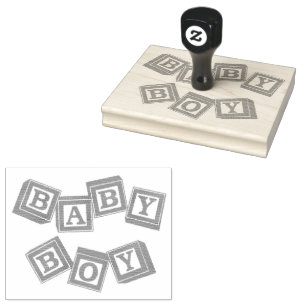 Baby Blue Wood Alphabet Cube Blocks Rubber Stamp