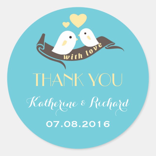 Baby Blue Yellow Love Birds Wedding Favour Sticker (Front)