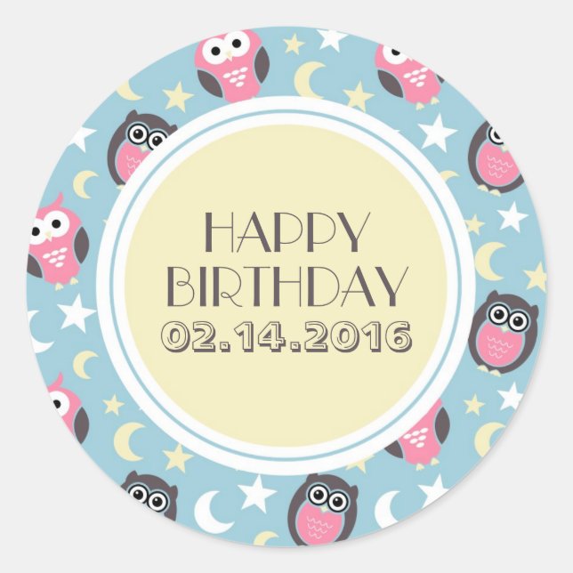 Baby Blue Yellow Night Owl Happy Birthday Sticker (Front)