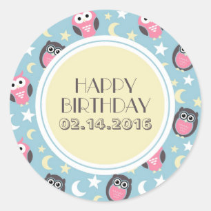 Baby Blue Yellow Night Owl Happy Birthday Sticker