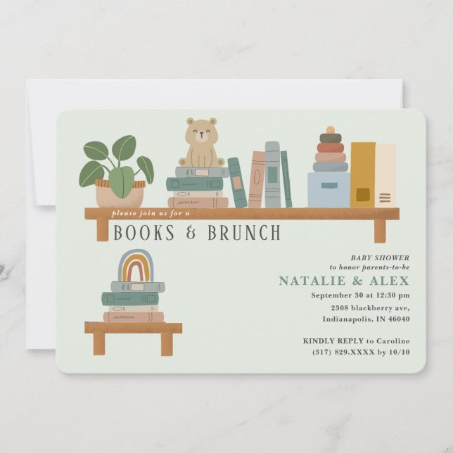 Baby Book Shelf Green Neutral Baby Shower Invitation (Front)