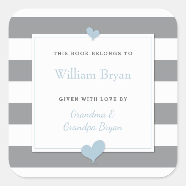 Baby Bookplate Grey Stripes Light Blue Hearts Square Sticker (Front)