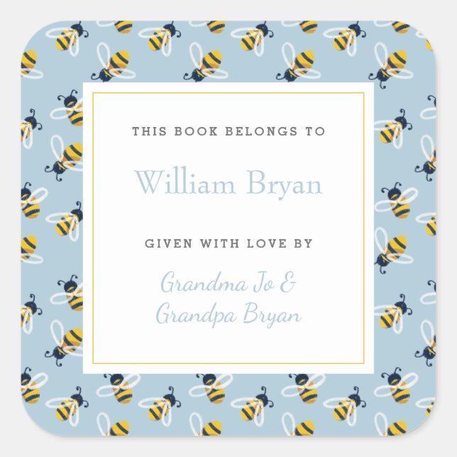 Baby Bookplate Sky Blue Honey Bees Square Sticker (Front)