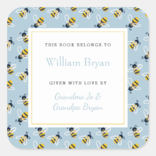 Baby Bookplate Sky Blue Honey Bees Square Sticker