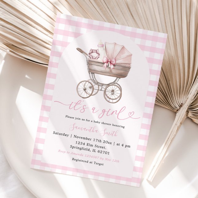 Baby Bottle Carriage Baby Shower Girl Pink Gingham Invitation (Creator Uploaded)