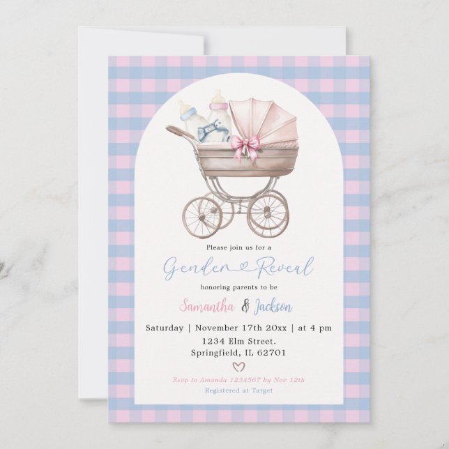 Baby Bottle Carriage Blue Pink Gingham Baby Reveal Invitation (Front)
