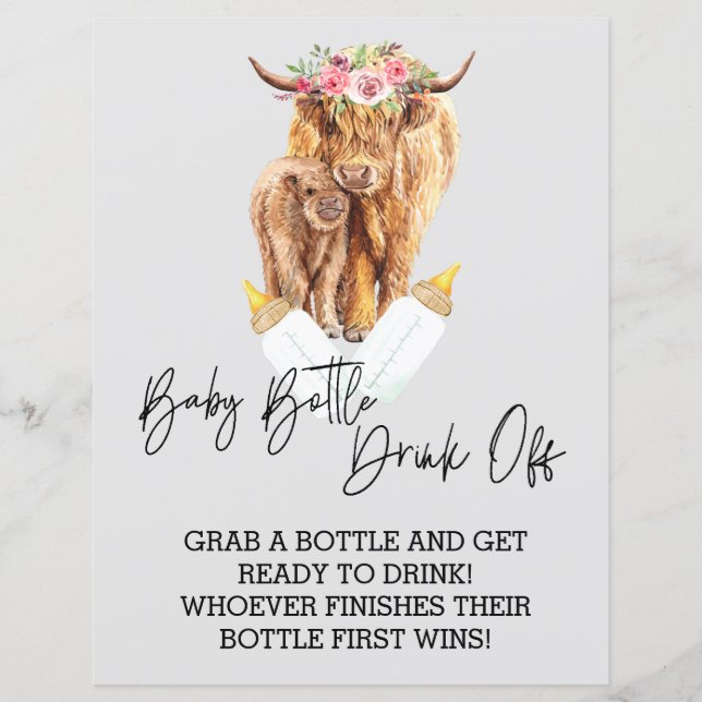Baby Bottle Drink Off Game Shower Highland Cow   (Front)