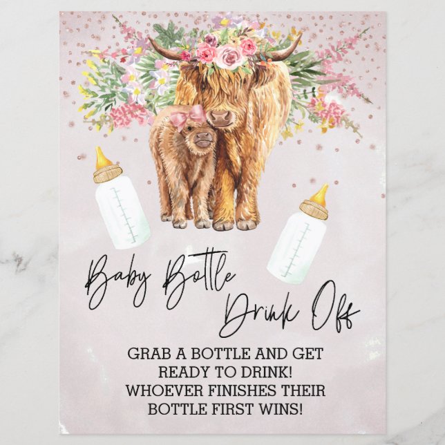 Baby Bottle Drink Off Game Shower Highland Cow  (Front)