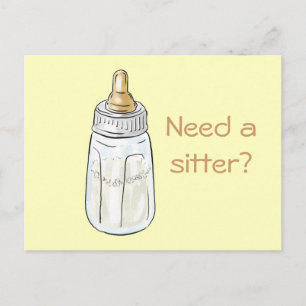 Baby bottle on yellow, Need a sitter? postcard