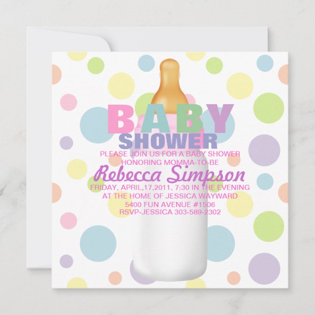 Baby Bottle & Polka Dots Baby Shower Invitation (Front)