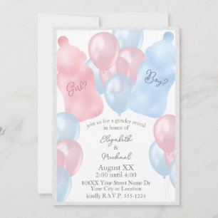 Baby Bottles and Balloons Gender Reveal Party Invitation