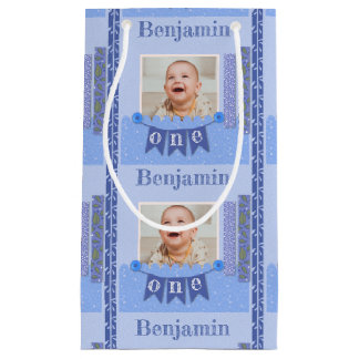 Baby Boy 1st Birthday Blue Scrapbook Small Gift Ba Small Gift Bag