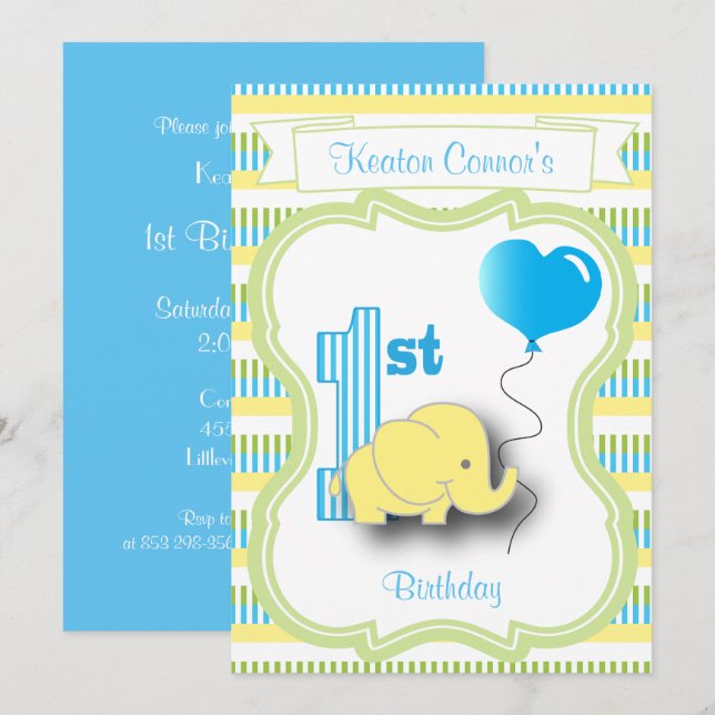 Baby Boy 1st Birthday Party with A Baby Elephant Invitation (Front/Back)