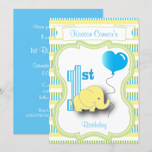 Baby Boy 1st Birthday Party with A Baby Elephant Invitation