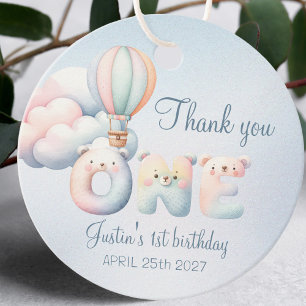 Baby boy 1st birthday teddybear air balloon clouds favour tags