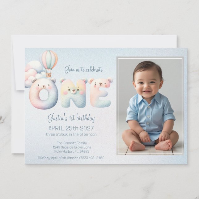 Baby boy 1st birthday teddybear air balloon photo invitation (Front)