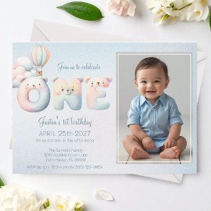 Baby boy 1st birthday teddybear air balloon photo invitation