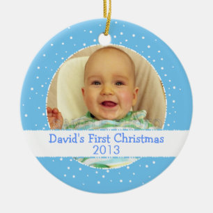 Baby Boy 1st Christmas Blue Round Photo Ornament