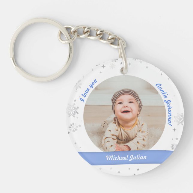 Baby Boy 2 Photos Names Birth For Aunt Snow Xmas Key Ring (Front)