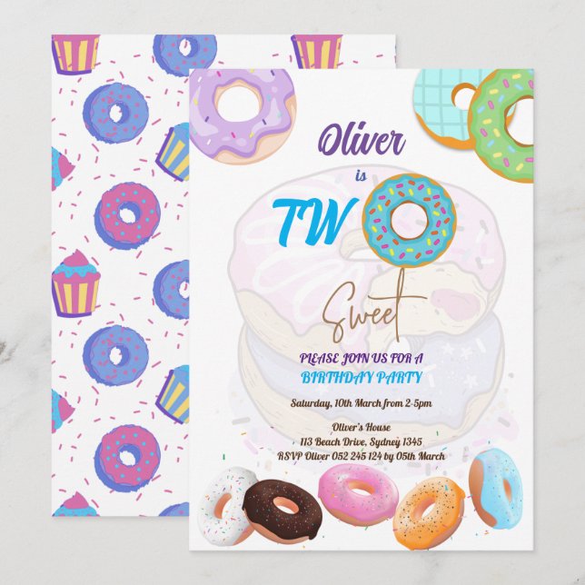 Baby boy 2nd birthday Doughnut invitation (Front/Back)