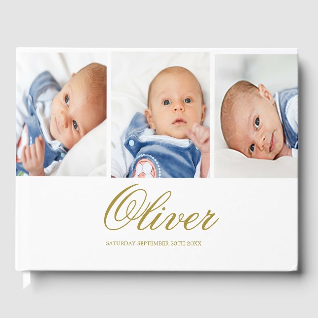 Baby Boy 3 Photo Collage Gold Elegant Guest Book (Front)