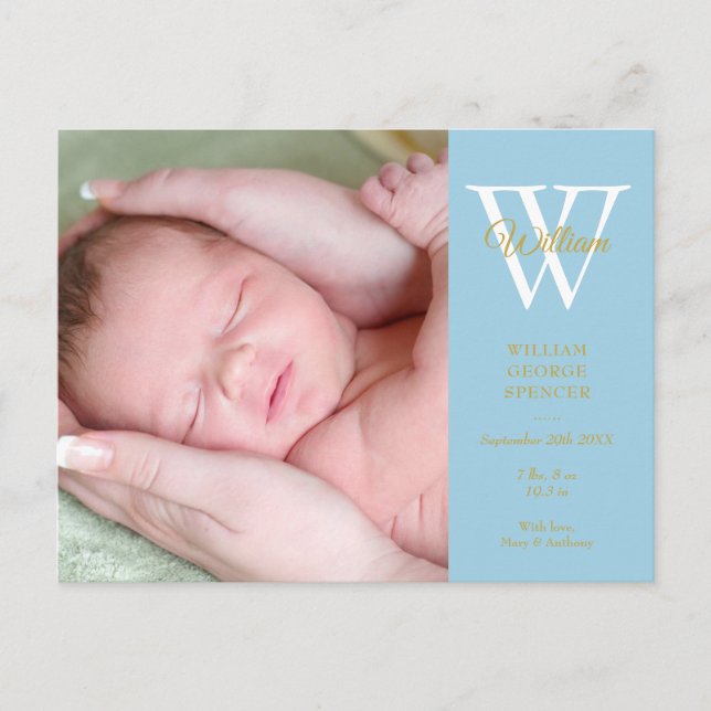 Baby Boy 4 Photos Gold Script Monogram Blue Birth Announcement Postcard (Front)