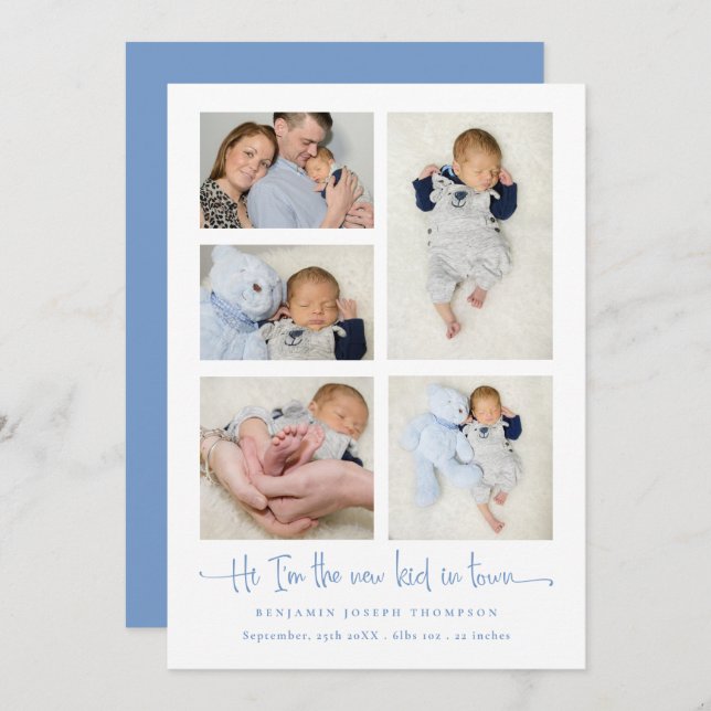 Baby Boy 5 Photo Collage Blue New Kid Script Birth Announcement (Front/Back)