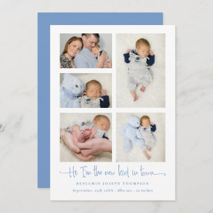Baby Boy 5 Photo Collage Blue New Kid Script Birth Announcement
