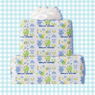 Baby Boy Add Name Blue Balloons & Teddy Bear Wrapping Paper