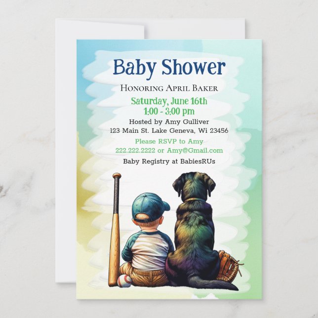 Baby Boy and Black Lab Baseball Themed Baby Shower Invitation (Front)