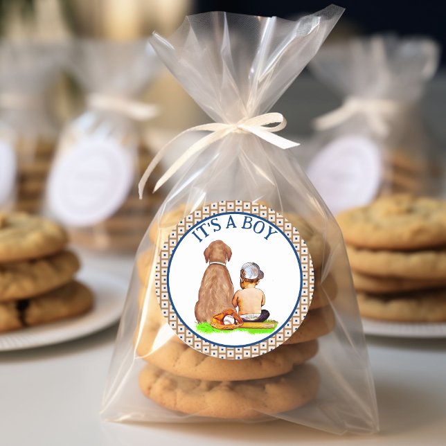 Baby Boy and Dog Baseball Themed Baby Shower Classic Round Sticker (Creator Uploaded)